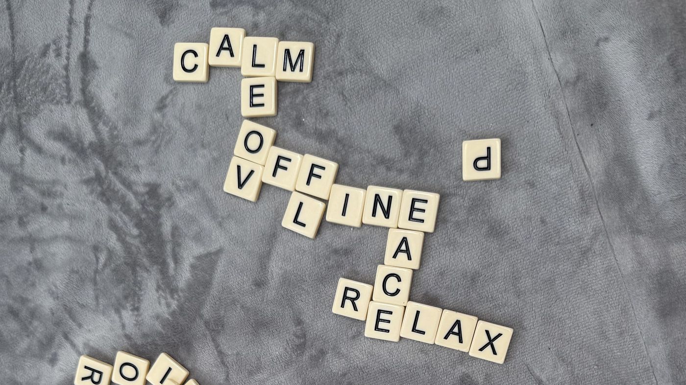 Word tiles spelling Offline, Calm, Peace, and Relax